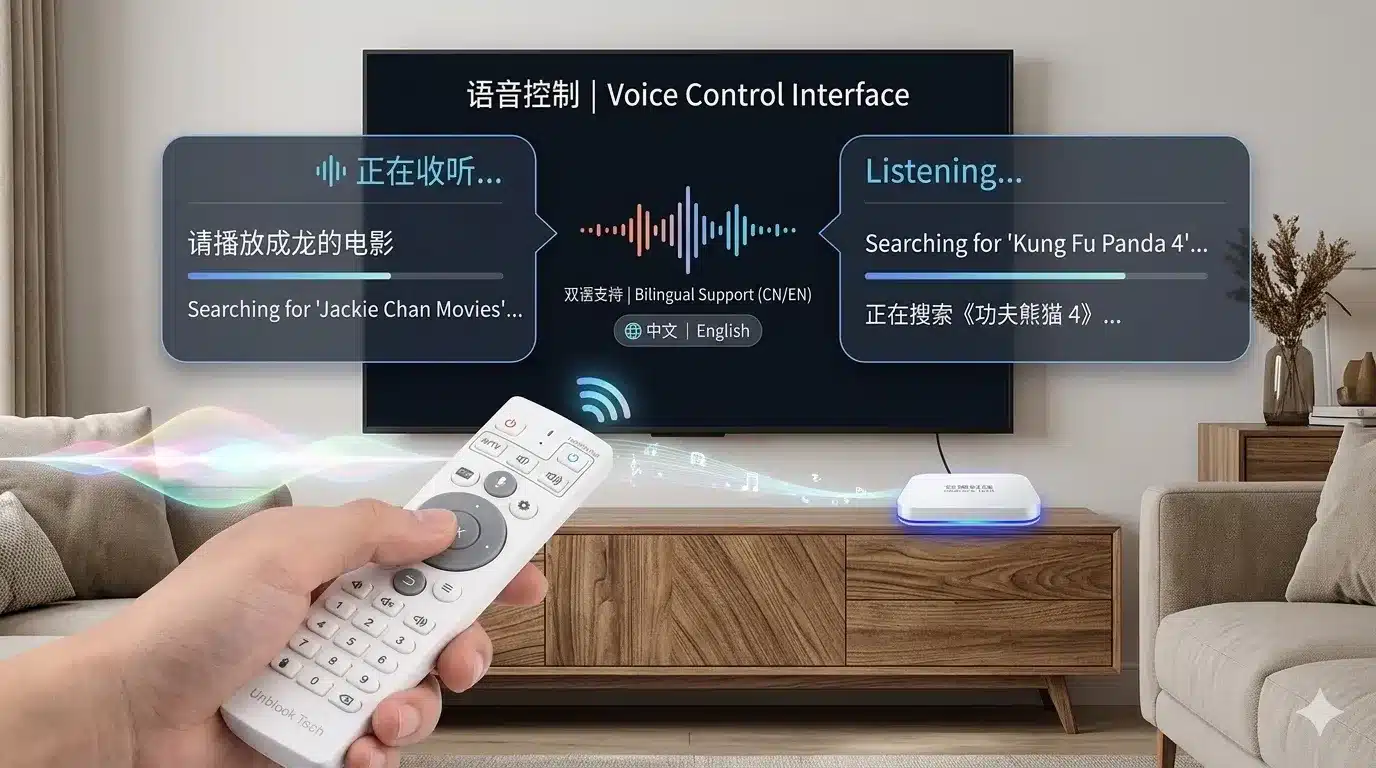 UBOX 12 AI 語音遙控器 — 支援中文與英文語音指令