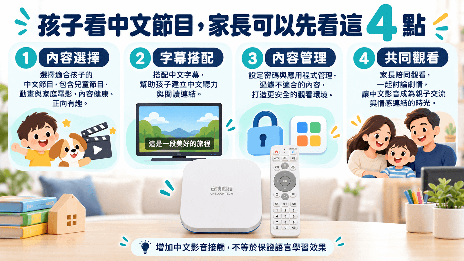 華裔孩子使用安博盒子 UBOX 12 看中文節目的內容字幕管理與親子共看指南